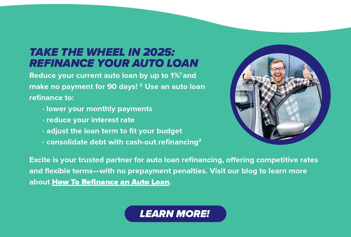 Reduce your current auto loan by up to 1%1 and make no payment for 90 days! 2 Use an auto loan refinance to: · lower your monthly payments · reduce your interest rate · adjust the loan term to fit your budget · consolidate debt with cash-out refinancing
